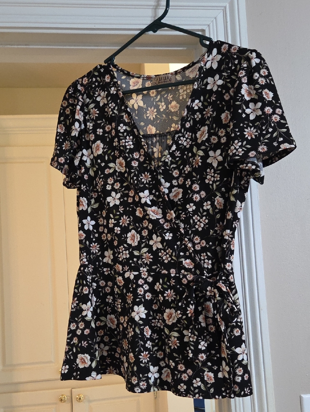 Floral Faux Wrap Peplum Blouse - Black with Cream & Blush Flowers